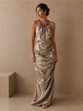 navy bolero jacket for evening dress Long Sleeveless Beaded Gown By Poly USA 7770 XS / Blush main image 0